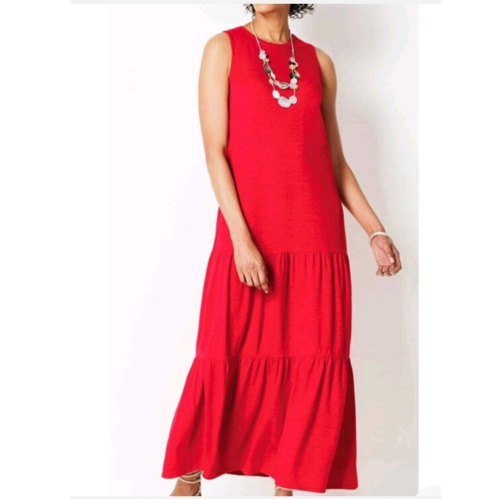 J. Jill Red Tiered Maxi Dress Sleeveless Cotton Modal Slub Knit Beachy Boho L